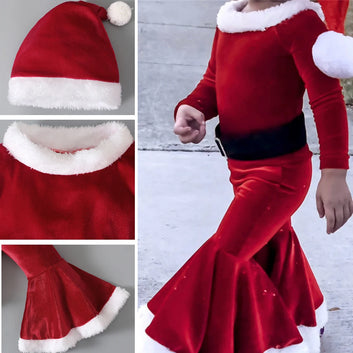 Kids Girls Christmas Costume Santa Claus Toddler Baby Clothes Sets  Long Sleeve Top Bell Bottom Pants 3PCS  New Year Outfits